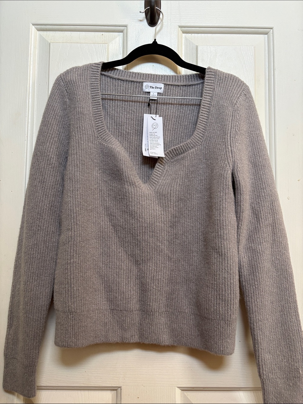 The Drop Taupe Ribbed V-Neck Sweater